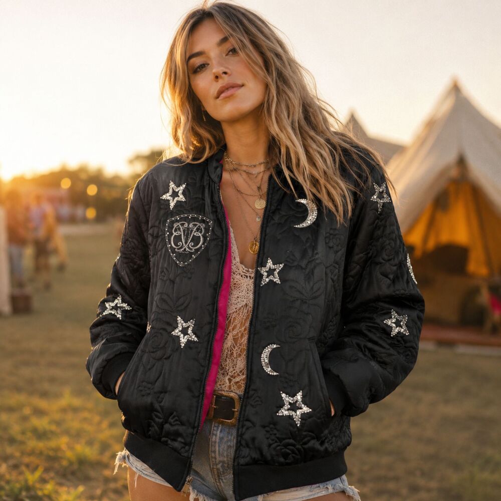 Whimsigoth Silk Festival Rave Grunge Sun Moon Stars Beaded Zip Up Jacket